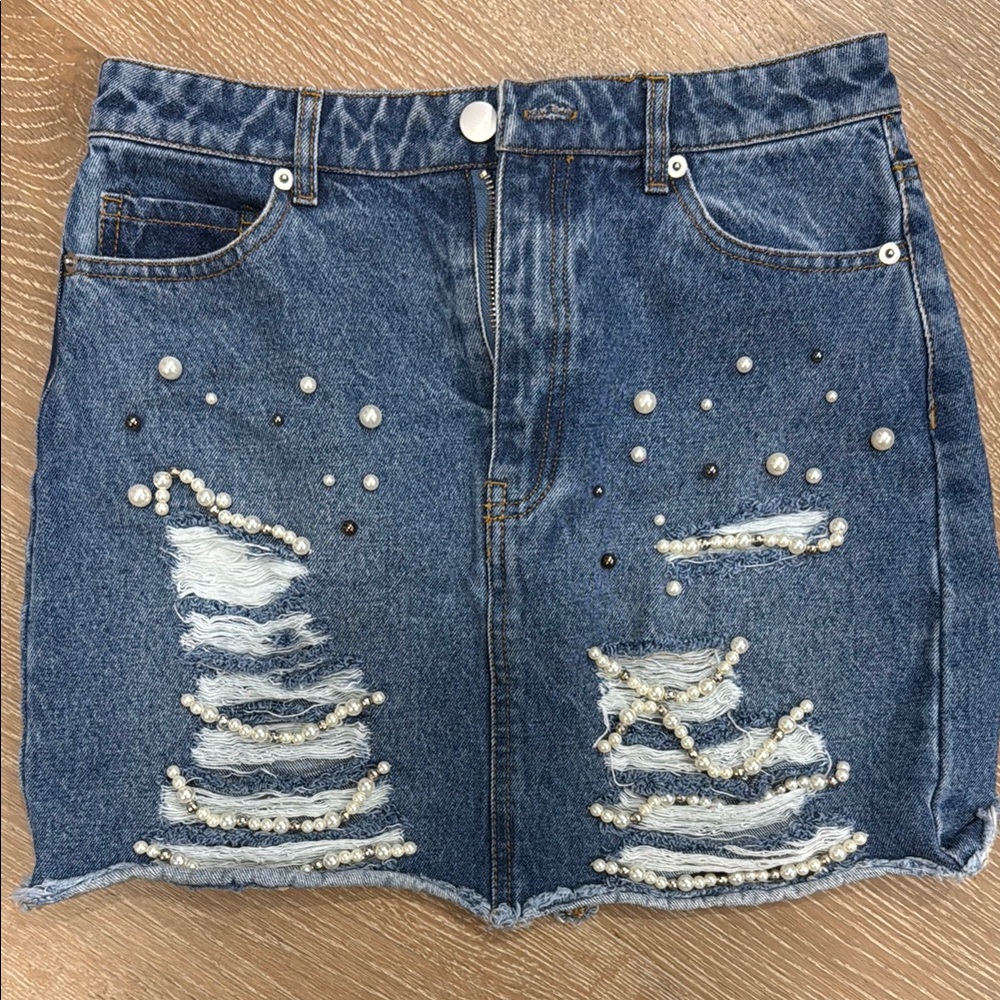 Forever 21 Blue Jean Embellished Mini Skirt